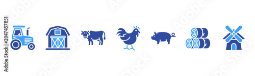 Tableau sur toile Farm Life set with Tractor, Barn, Cow, Chicken, Pig, Hay Bale, and Windmill for agriculture and rural visuals