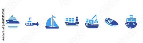Cuadro en lienzo Marine Vessels set with Yacht, Submarine, Sailboat, Cargo Ship, Fishing Boat, Speedboat, and Ferry for nautical and maritime visuals