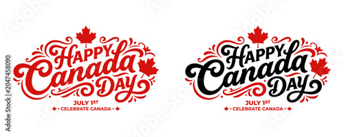 Fotografía Happy Canada Day typographic logo design set with decorative swirls and maple le