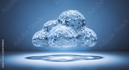 Crystalline glass cloud floating in blue studio, abstract ice sculpture with refractive textures, futuristic data storage and cloud computing concept
