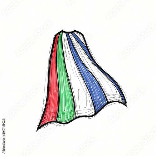 Waving Flag Sketch Drawing with Green Red White Blue Stripes Hand-Drawn Illustration