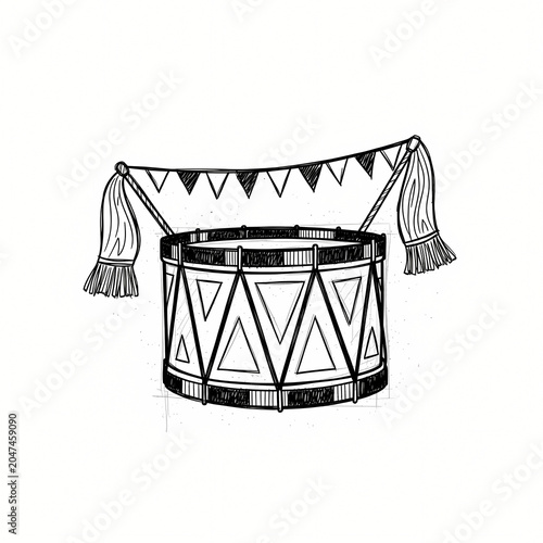 Vintage Toy Drum with Bunting Flags Hand Drawn Sketch Illustration
