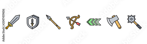 Fotografía Medieval Weapons set with Sword, Shield, Spear, Bow, Arrow, Axe, and Mace for history and combat visuals