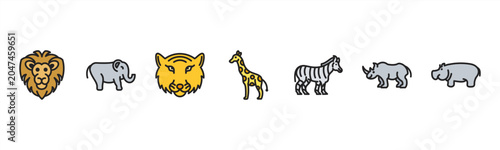 Photography Wild Animals set with Lion, Elephant, Tiger, Giraffe, Zebra, Rhino, and Hippo for safari and wildlife visuals