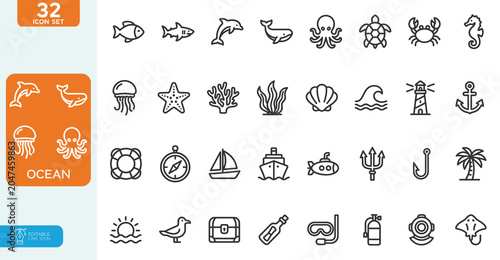 Obraz na płótnie Ocean Vector illustration editable line icons set