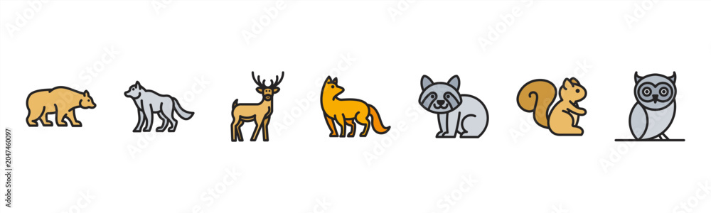 Fototapeta premium Forest Animals set with Bear, Wolf, Deer, Fox, Raccoon, Squirrel, and Owl for wildlife and nature visuals.