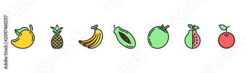 Billede på lærred Tropical Fruits set featuring Mango, Pineapple, Banana, Papaya, Coconut, Guava, Lychee for fresh and exotic visuals