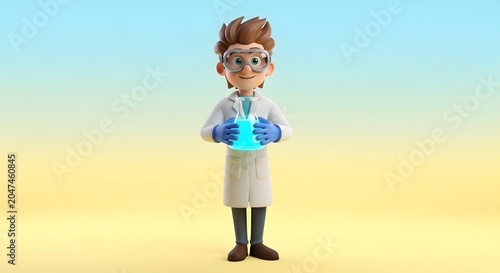3D cartoon scientist character holding a glowing blue beaker, friendly male chemist in white lab coat, laboratory researcher with safety goggles