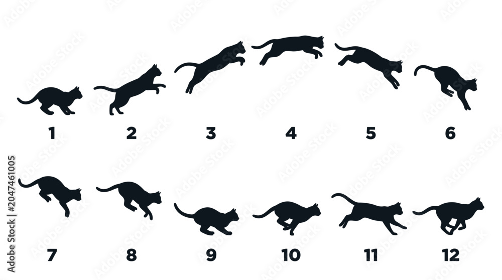Fototapeta premium Black vector illustration showing a sequence of twelve cat silhouettes performing a graceful jumping motion