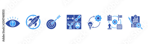 Bild auf Leinwand Strategic Management icon set includes Vision, Mission, Goals, SWOT Analysis, Strategy Formulation, Implementation, and Evaluation for business sustainability