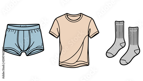 Simple line art illustration showing a beige t-shirt blue boxer shorts and a pair of grey socks for men clothing