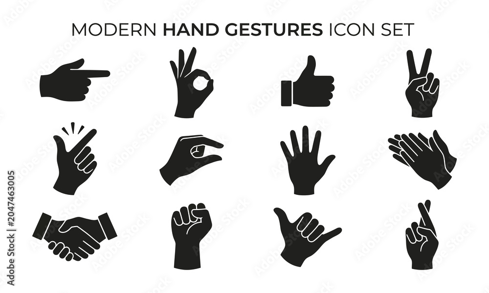 Fototapeta premium Modern hand gestures silhouette icon set for communication and expression