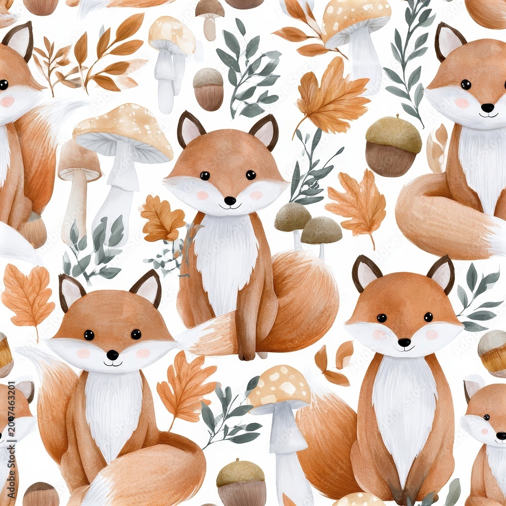 Naklejka premium Cute fox pattern with mushrooms and autumn leaves, woodland theme, playful nursery illustration, charming animal design. SEAMLESS PATTERN