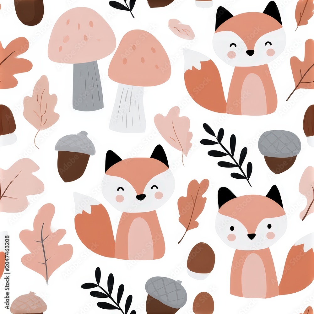 Fototapeta premium Cute fox pattern with mushrooms and autumn leaves, woodland theme, playful nursery illustration, charming animal design. SEAMLESS PATTERN