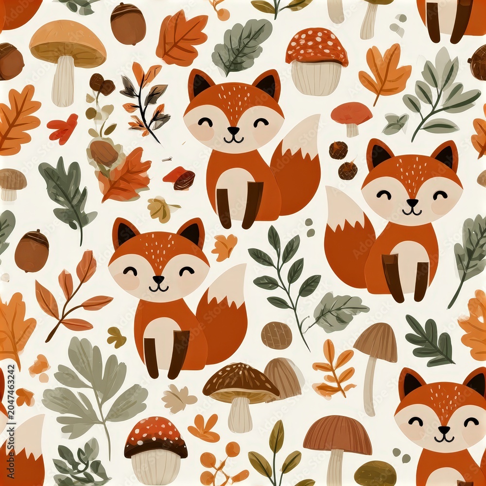 Naklejka premium Cute fox pattern with mushrooms and autumn leaves, woodland theme, playful nursery illustration, charming animal design. SEAMLESS PATTERN