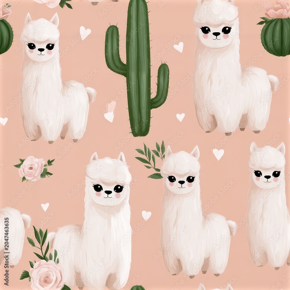Naklejka premium Cute llama pattern with cacti and pastel accents, playful desert theme, nursery illustration, child friendly design. SEAMLESS PATTERN