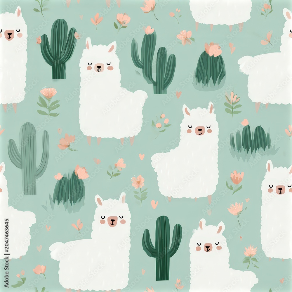 Naklejka premium Cute llama pattern with cacti and pastel accents, playful desert theme, nursery illustration, child friendly design. SEAMLESS PATTERN