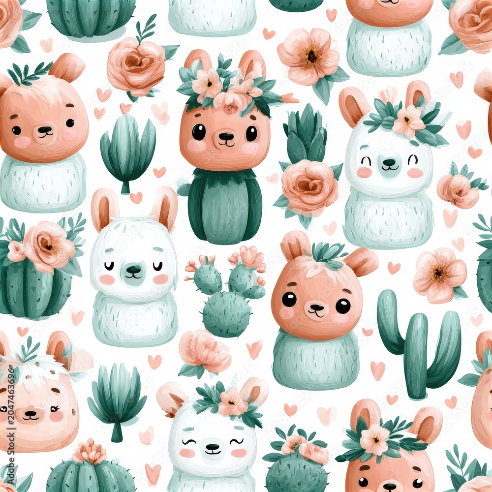 Naklejka premium Cute llama and cactus pattern in soft pastel tones, playful nursery theme, whimsical animal illustration. SEAMLESS PATTERN