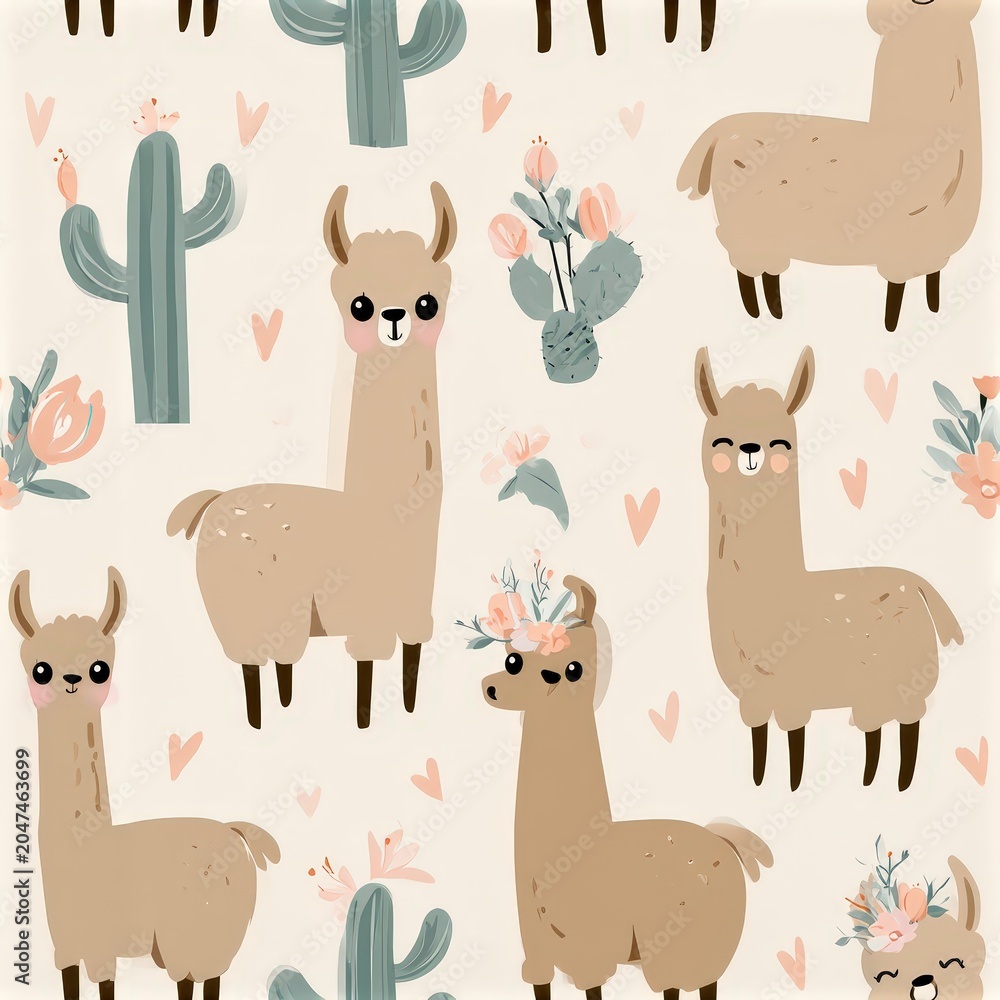 Naklejka premium Cute llama and cactus pattern in soft pastel tones, playful nursery theme, whimsical animal illustration. SEAMLESS PATTERN
