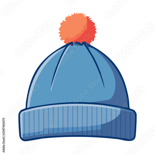 Blue beanie hat with orange pom pom