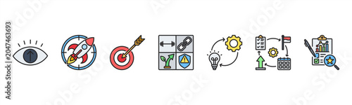 Bild auf Leinwand Strategic Management icon set includes Vision, Mission, Goals, SWOT Analysis, Strategy Formulation, Implementation, and Evaluation for business sustainability