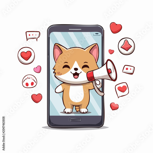 Cute Cat Announcing with Megaphone on Smartphone Screen