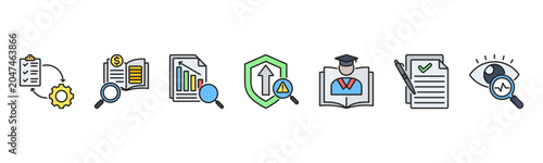 Foto Compliance Management icon set includes Policy Implementation, Auditing, Reporting, Risk Assessment, Training, Documentation, and Monitoring to ensure compliance
