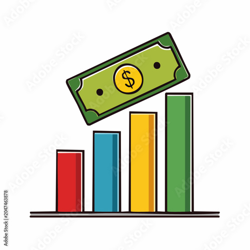 Flat design icon of a bar chart with a dollar bill