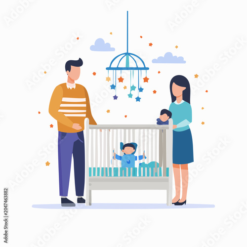 Family with Newborn Baby in Crib