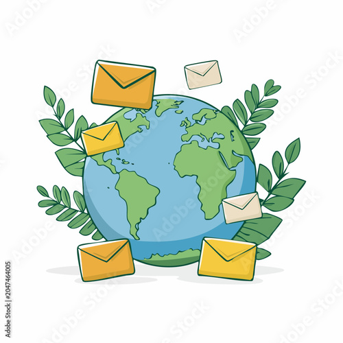Illustration of Earth with envelopes and leaves
