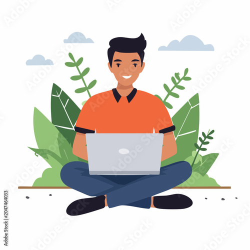 Man sitting outdoors with laptop and plants
