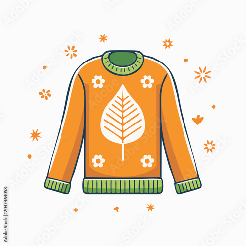 Orange sweater with leaf and flower pattern