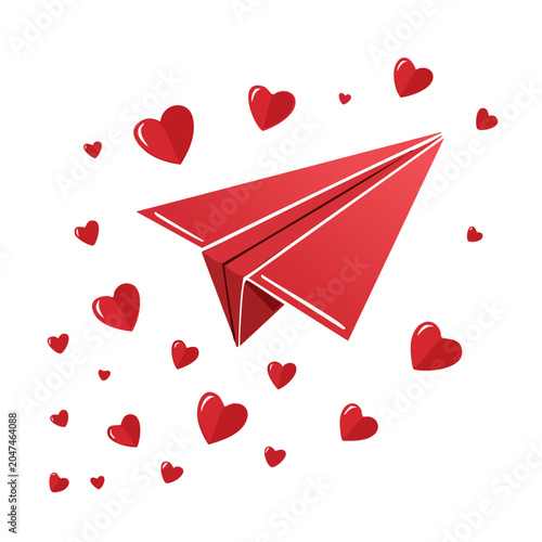 Red paper airplane flying with hearts