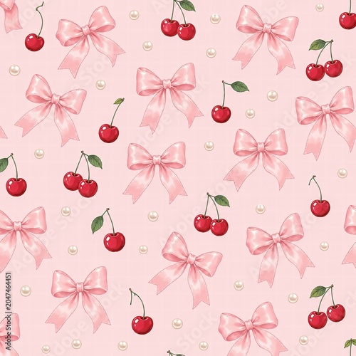 Charming Pink Bow and Cherry Pattern Design