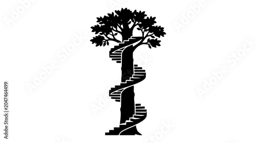 Black silhouette of a tree with a winding spiral staircase on white background