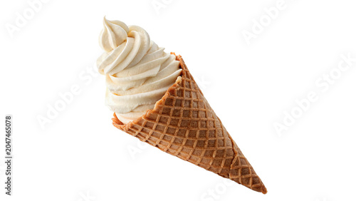 Fotografie Crisp wafer waffle cone with soft serve vanilla ice cream swirl on transparent b
