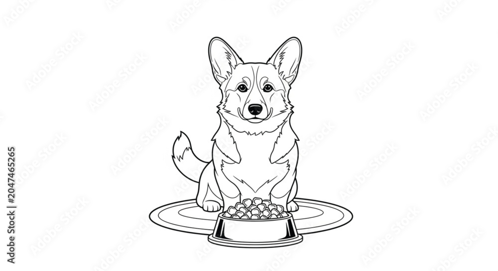 Fototapeta premium Corgi sitting by dog food bowl.