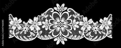 Intricate floral lace border design with delicate petals and symmetrical patterns isolated on white background