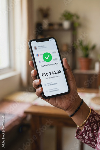 Indian hand holding smartphone showing UPI banking app successful transaction, mobile payment and digital finance India