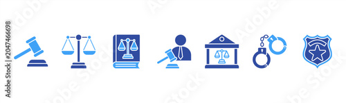 Foto Legal and justice icons featuring Gavel, Scales of Justice, Law Book, Judge, Court, Handcuffs, Police Badge