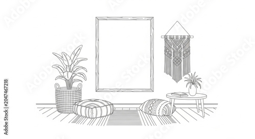Woven basket with green houseplant.