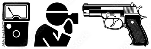 This set includes a tactical piece, a discrete snooper, and a handheld firearm. A shadowy uses a spycam, while a classic piece rests beside a surveillance device.