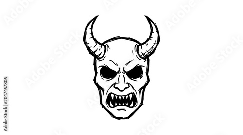 A devilish skull with horns and sharp teeth.