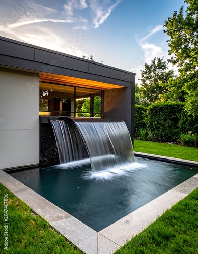A modern house with a waterfall feature in the backyard pool