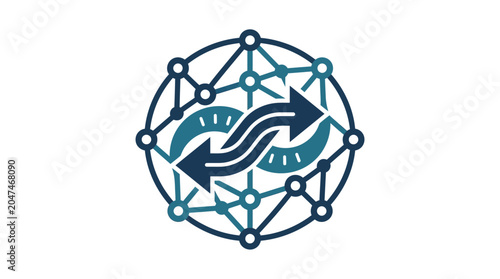 a blue and white logo with arrows.