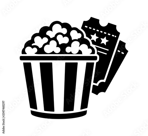 Popcorn and Movie Tickets Icon, Minimal Cinema Snack Silhouette