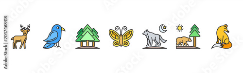 Konstfotografi Nature and wildlife icons featuring Deer, Bird, Tree, Butterfly, Wolf, Bear, Fox for nature themes
