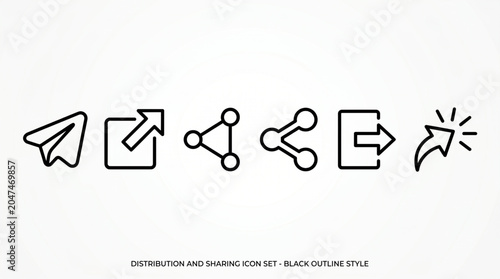 Foto Distribution and sharing icon set featuring Telegram paper plane, external link, network node, export, logout, and redirect arrow symbols