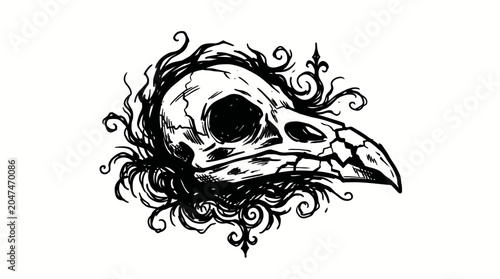 Black and white illustration of a bird skull with ornate swirling designs.