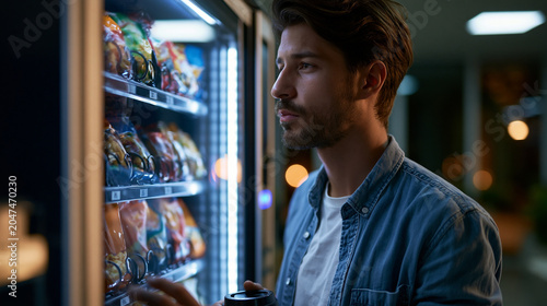 Young office employee by vending machine during night shift break in quiet empty workplace under fluorescent light
